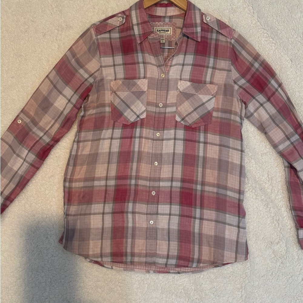 Express Women’s Plaid Button-Down Shirt in Pink and Gray